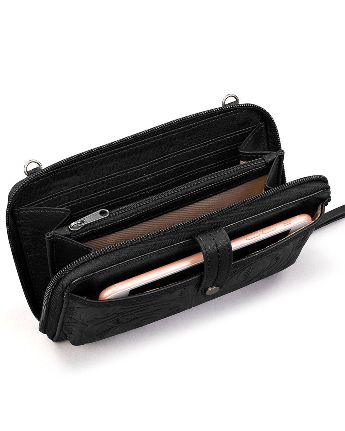 Iris Smartphone Wallet - Leather - Black Leaf Embossed