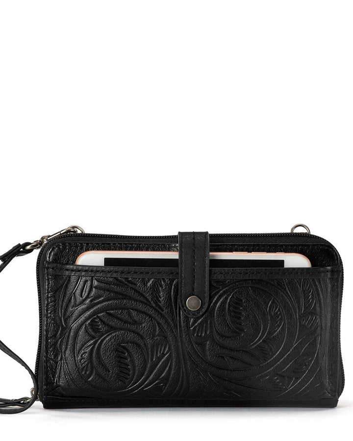 Iris Smartphone Wallet - Leather - Black Leaf Embossed