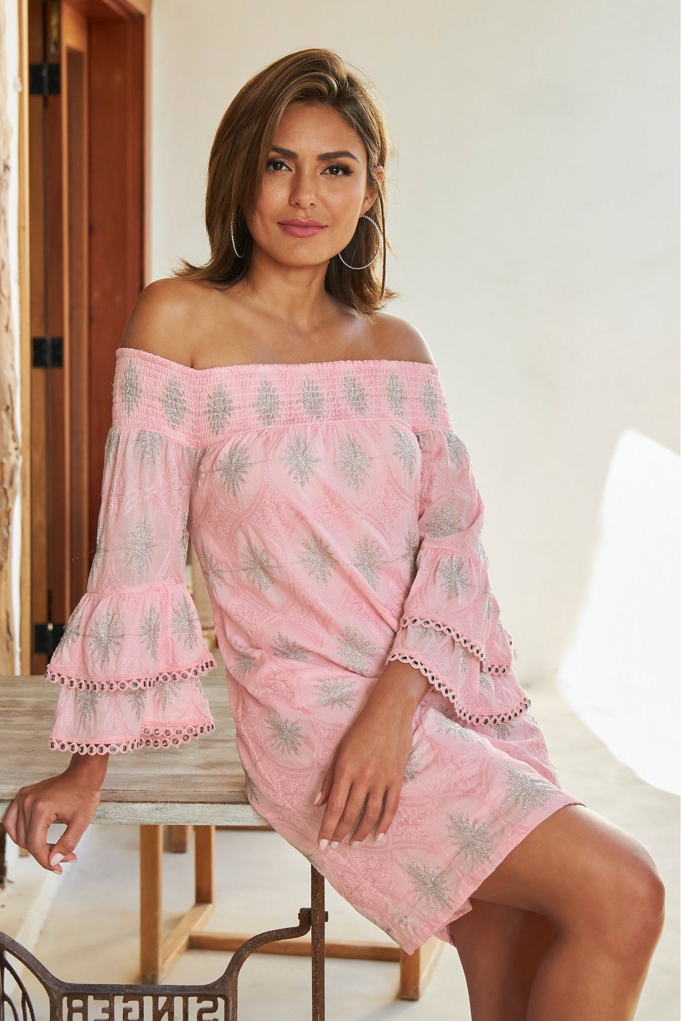 Metallic Detail Off-The-Shoulder Dress Almond Blossom