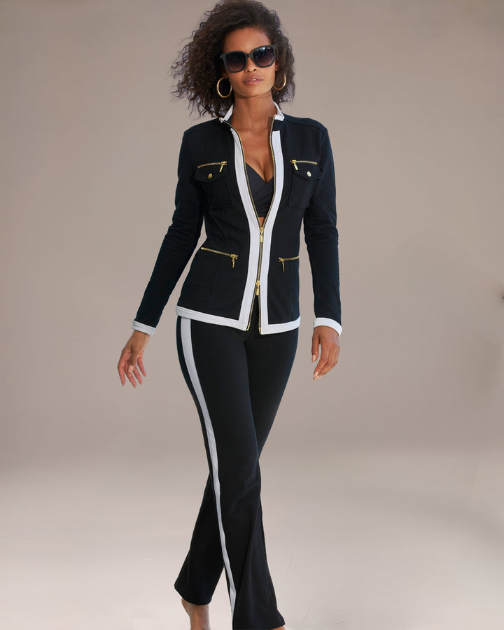 Chic Zippered Sport Coordinate Set Black/White