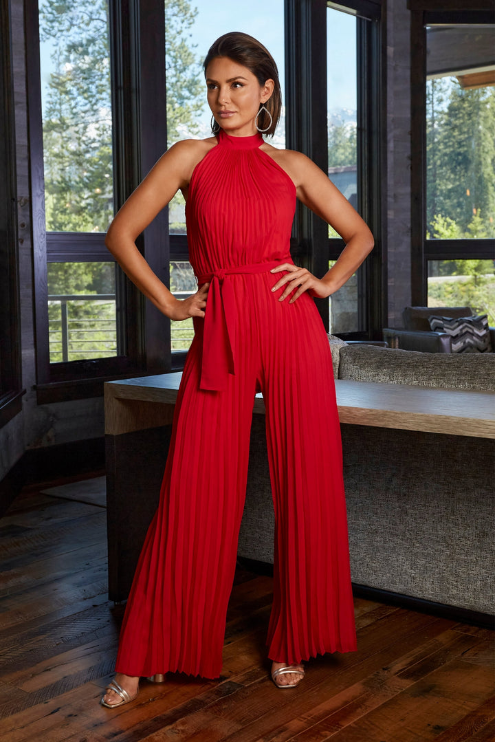 Pleated High-Neck Jumpsuit Red
