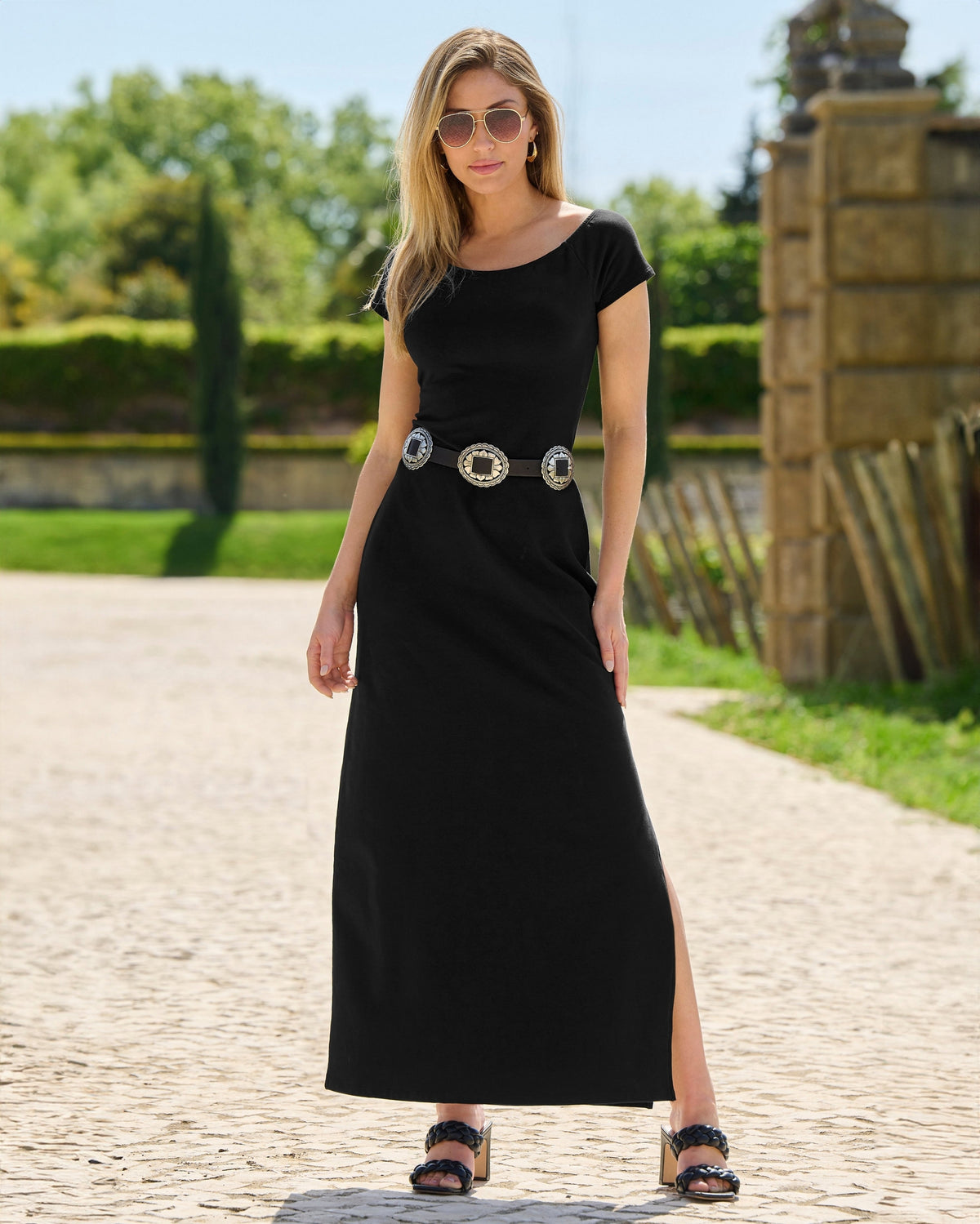 Off the Shoulder Short Sleeve Maxi Dress Black