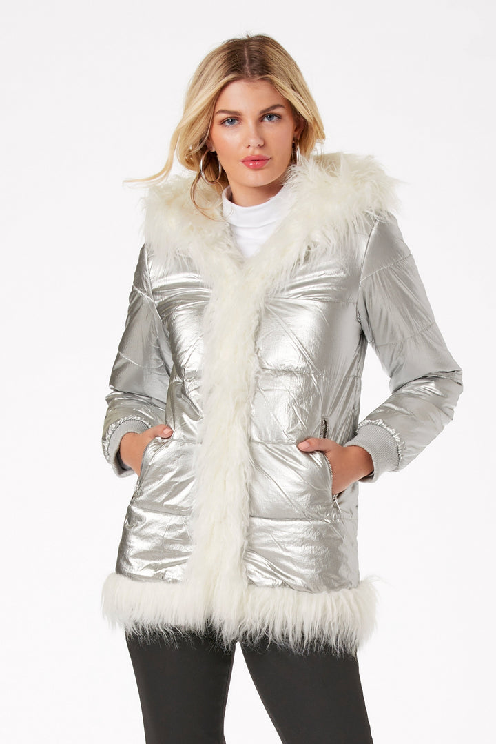 Hooded Metallic Faux Fur Puffer Coat Silver