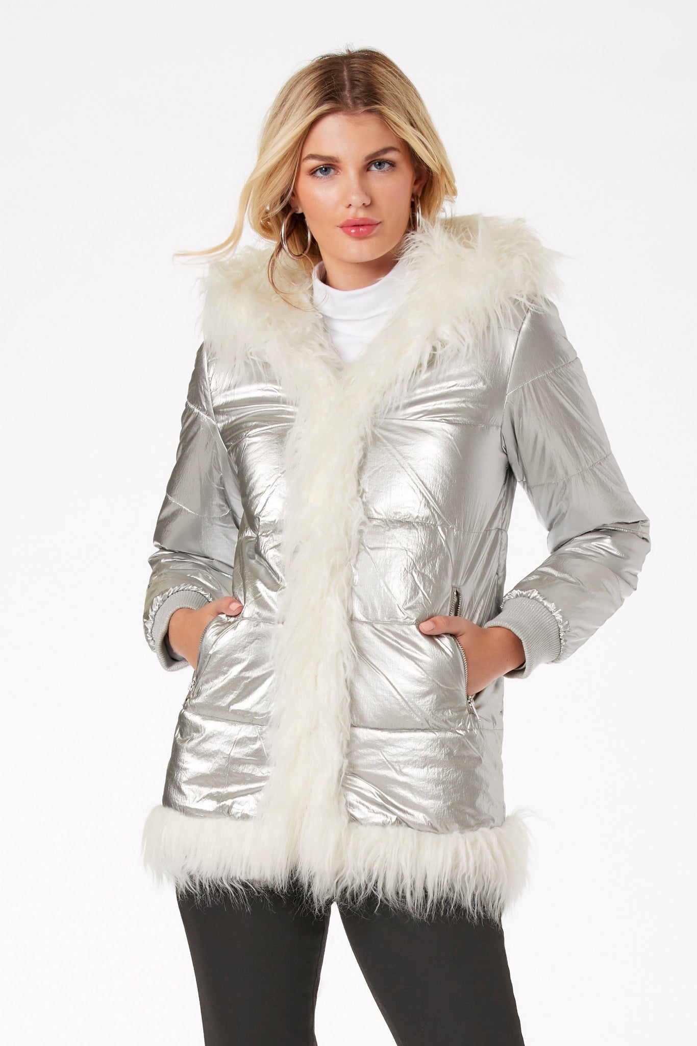 Hooded Metallic Faux Fur Puffer Coat - Silver | Boston Proper