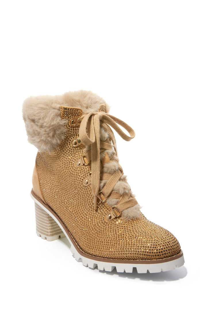 Faux-Fur Embellished Heeled Bootie Gold