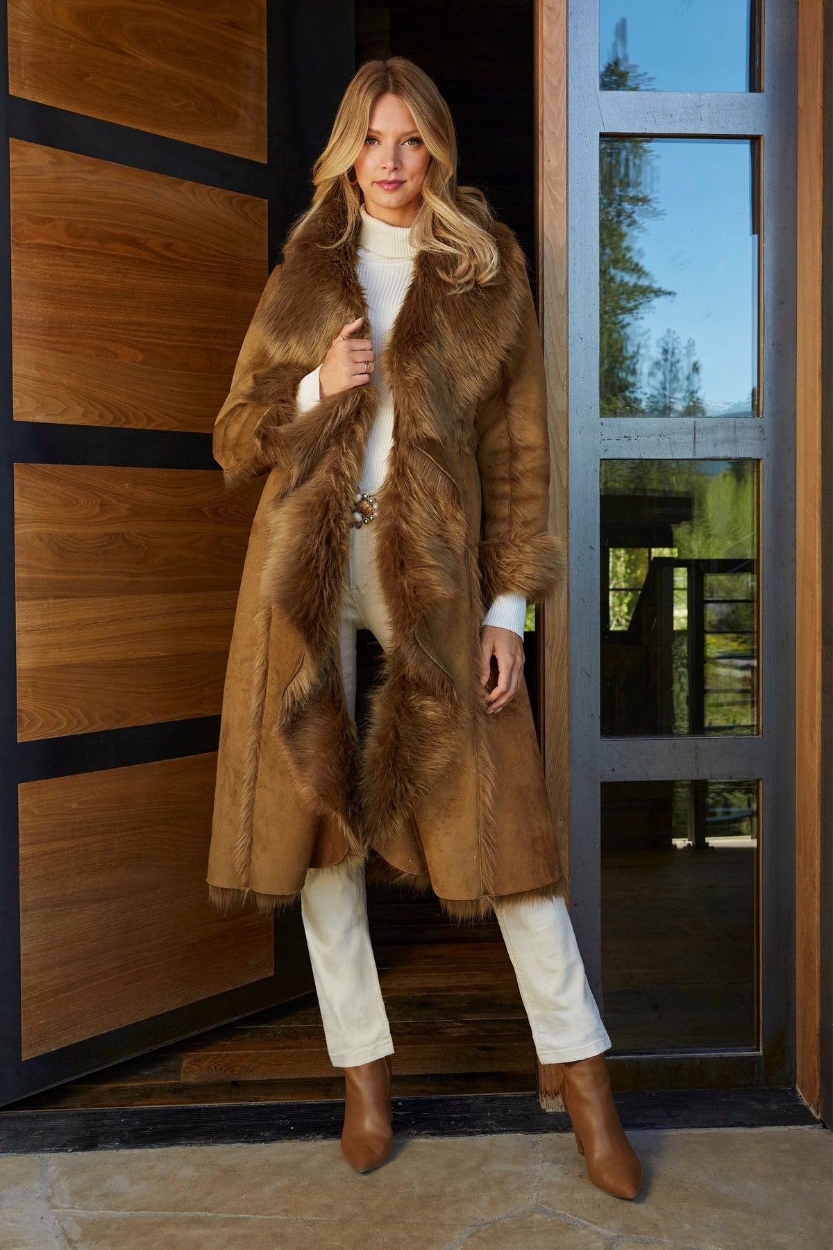 Faux-Fur Cascading Coat Tobacco