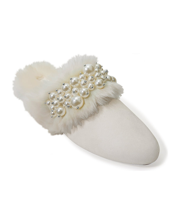 Faux Fur Pearl Embellished Slipper White