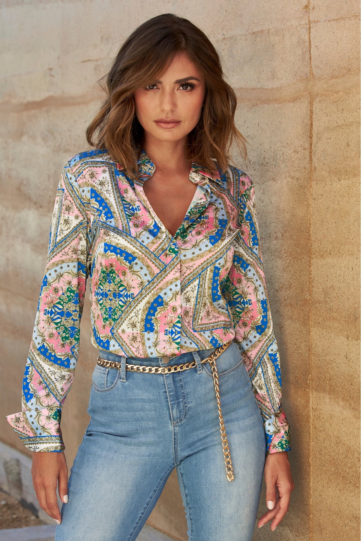 Baroque Scroll-Print Sophia Button-Up Charmeuse Blouse Pink Icing Multi