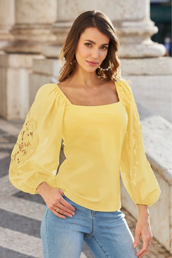 Embroidered Sleeve Ponte Square Neck Top Pale Banana