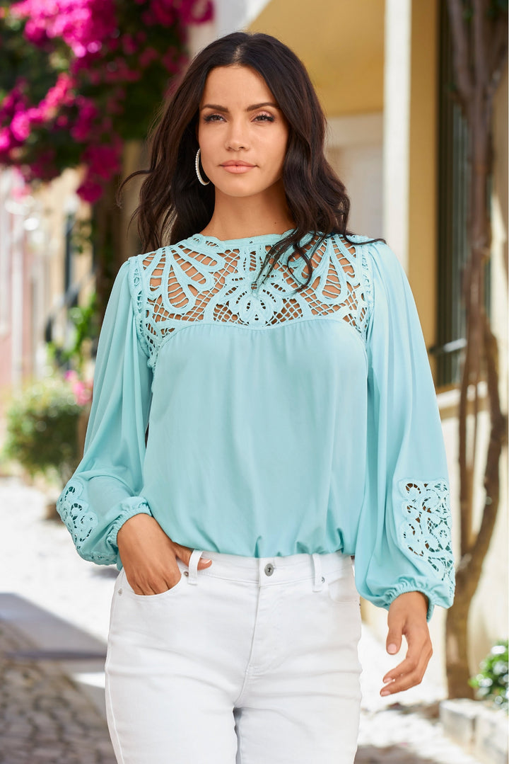 Lace Inset Blouson Knit Top Airy Blue