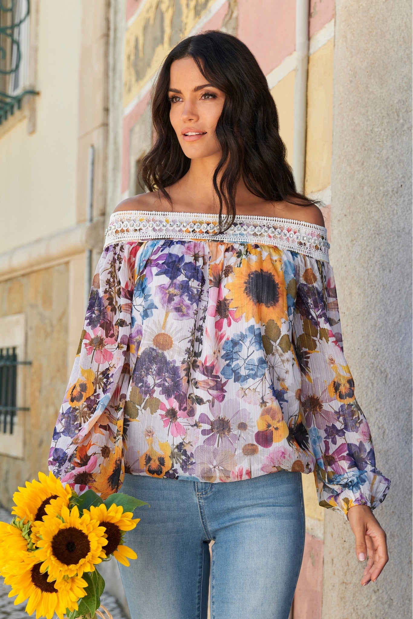 Embellished Floral Print Off The Shoulder Blouse White Multi