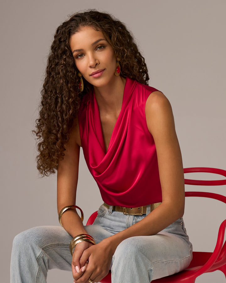 Marilyn Cowl-Neck Charmeuse Blouse Tomato Red