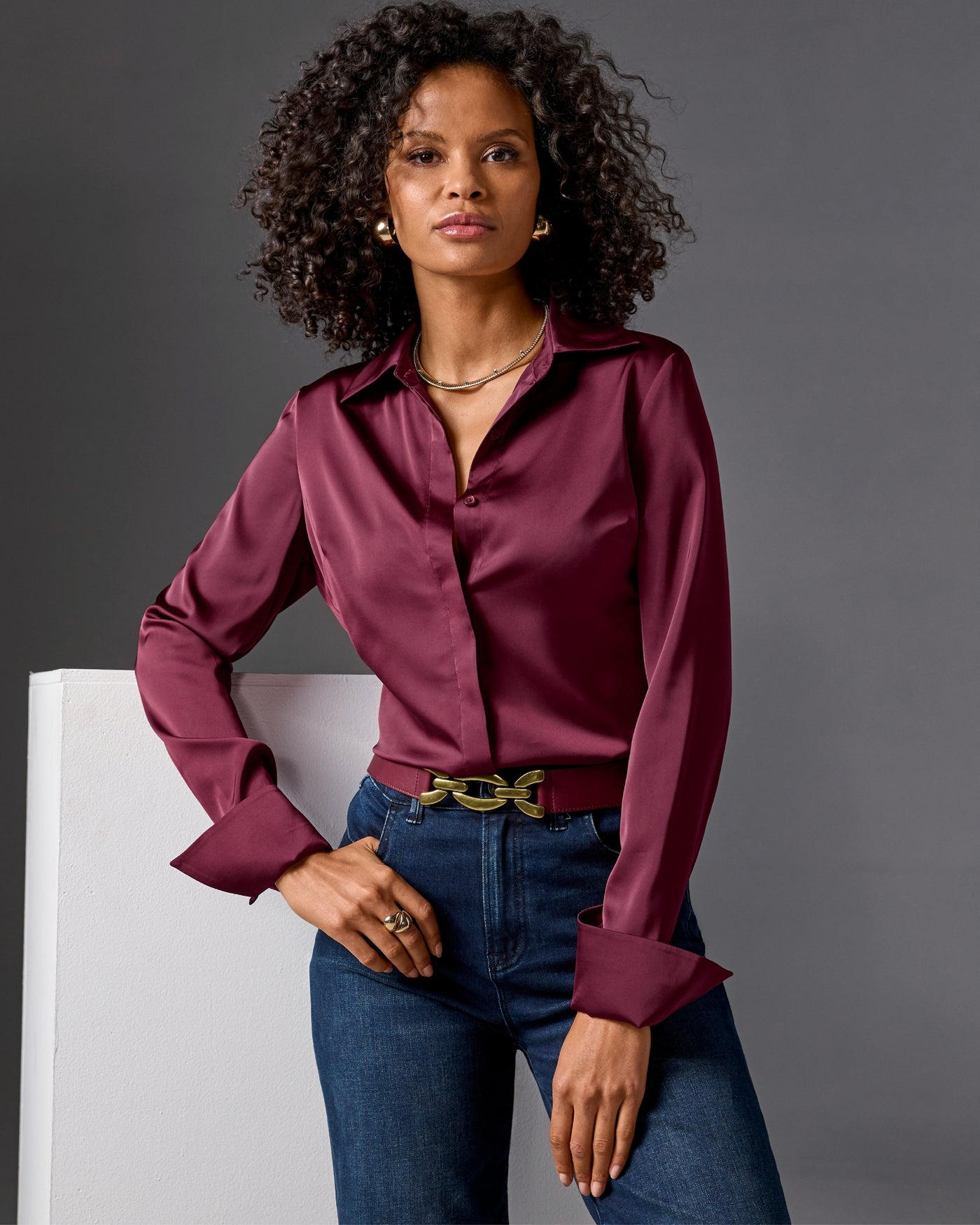 Sophia Button-Up Charmeuse Blouse Black Cherry