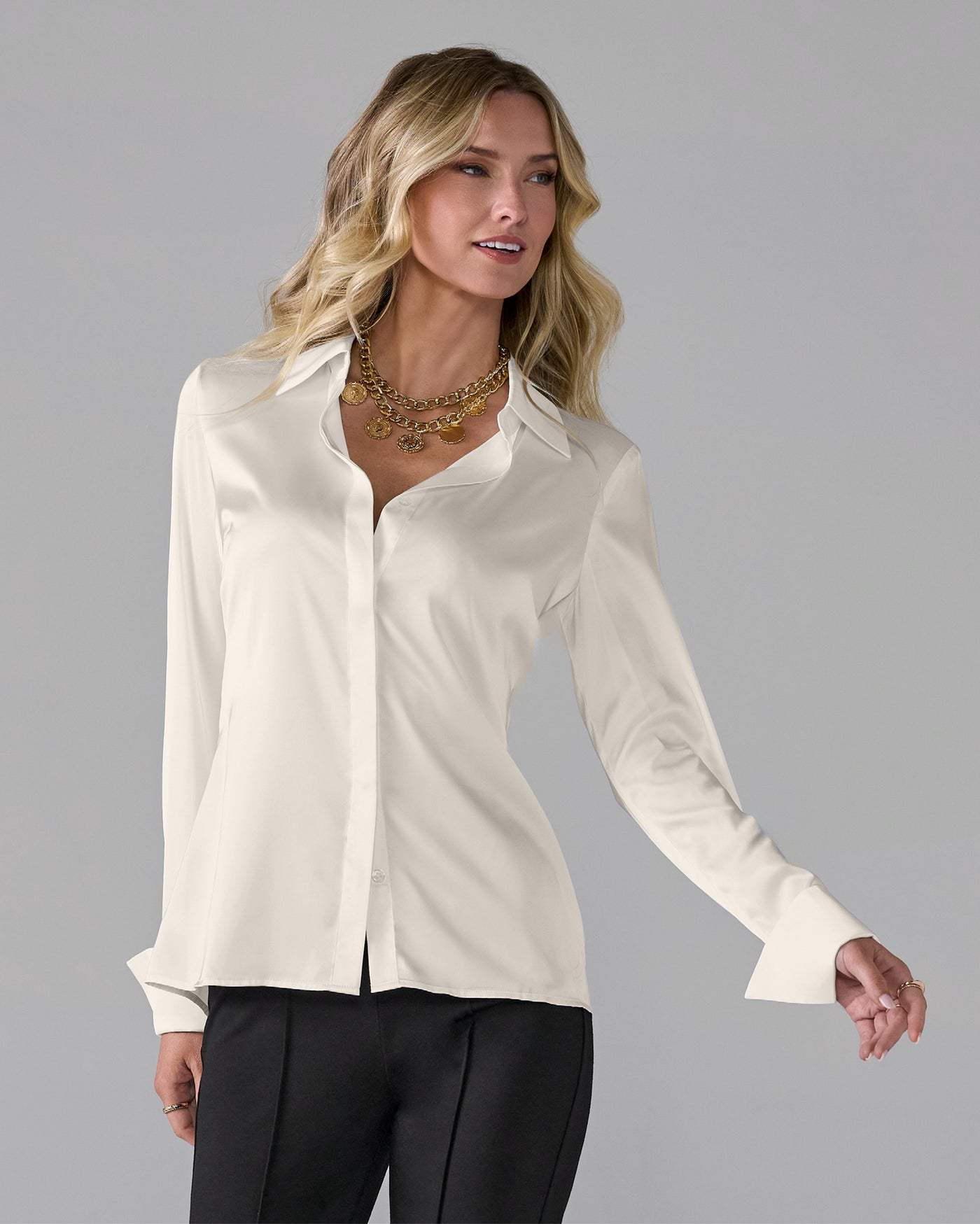 Sophia Button-Up Charmeuse Blouse Off White