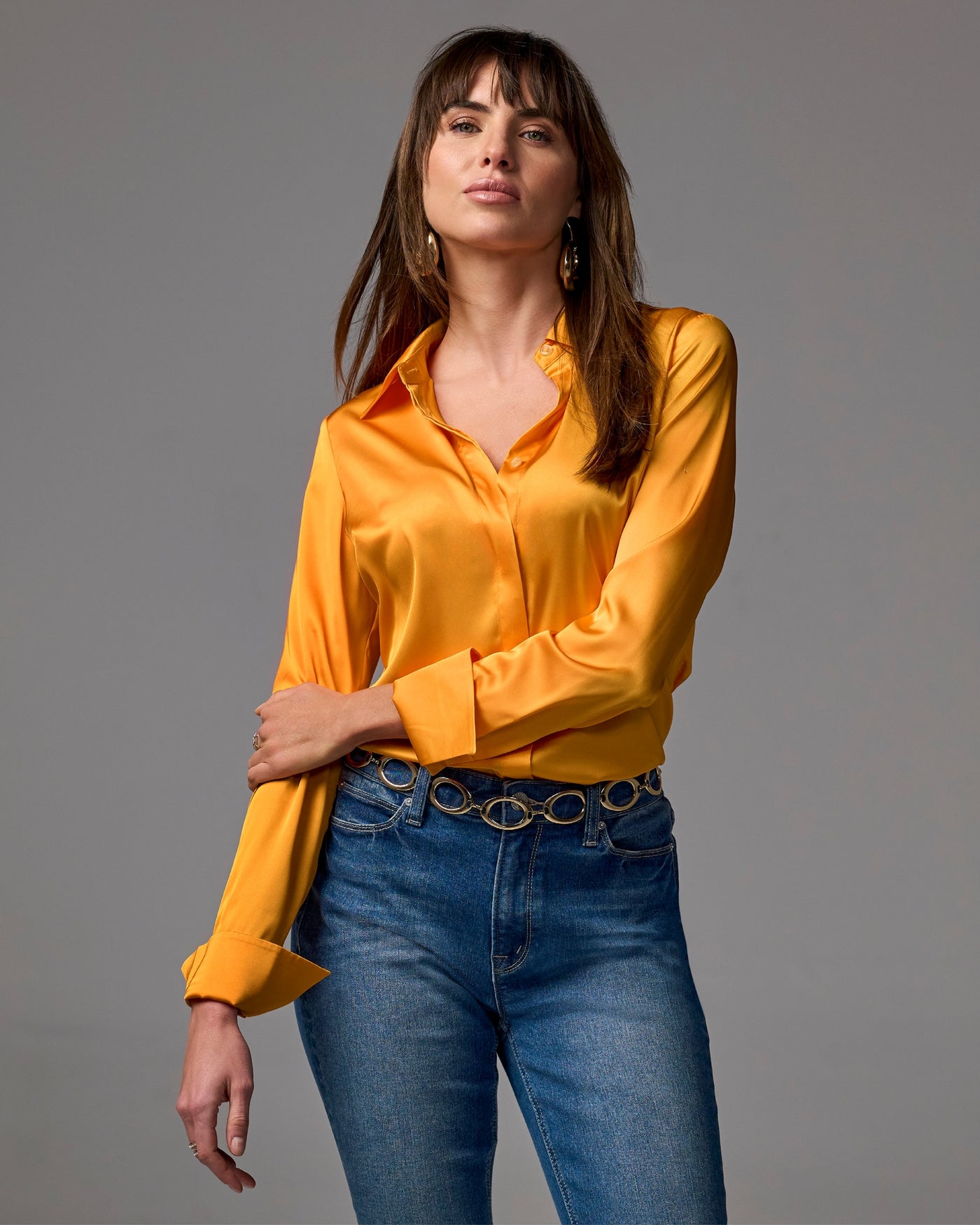 Sophia Button-Up Charmeuse Blouse Orange Pop