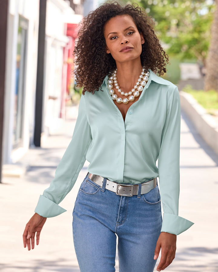 Sophia Button-Up Charmeuse Blouse Pale Mint