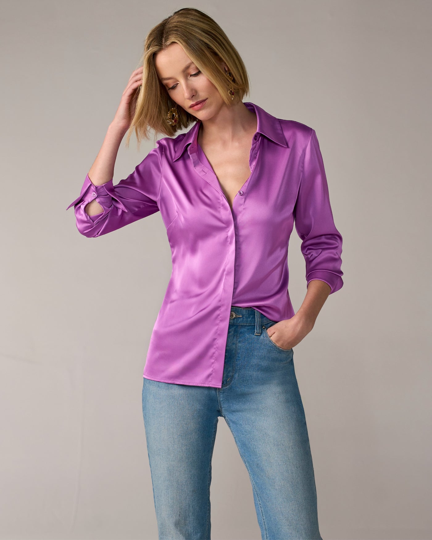 Sophia Button-Up Charmeuse Blouse Purple Cactus Flower