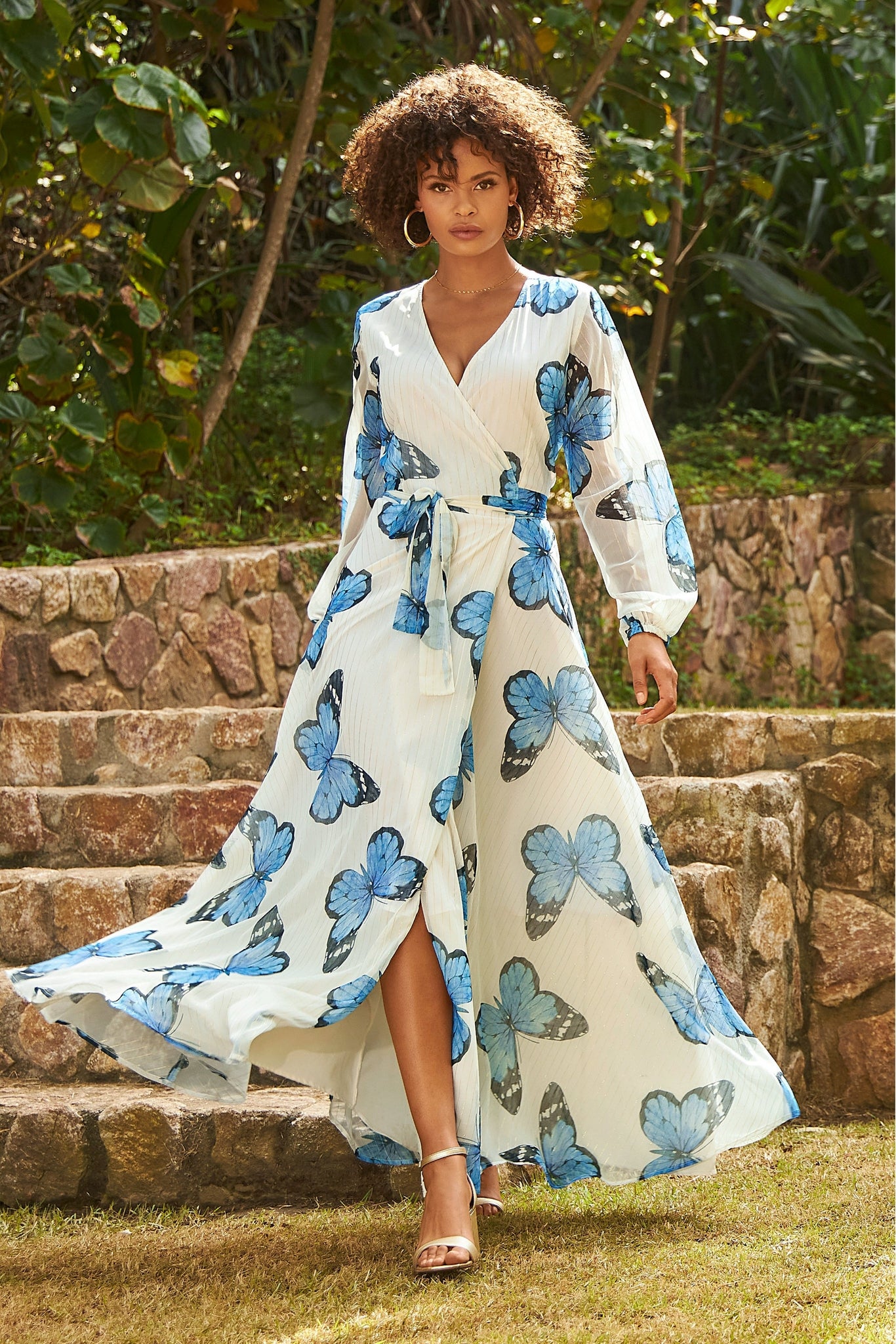 Butterfly Wings Wrap Maxi Dress Blue White
