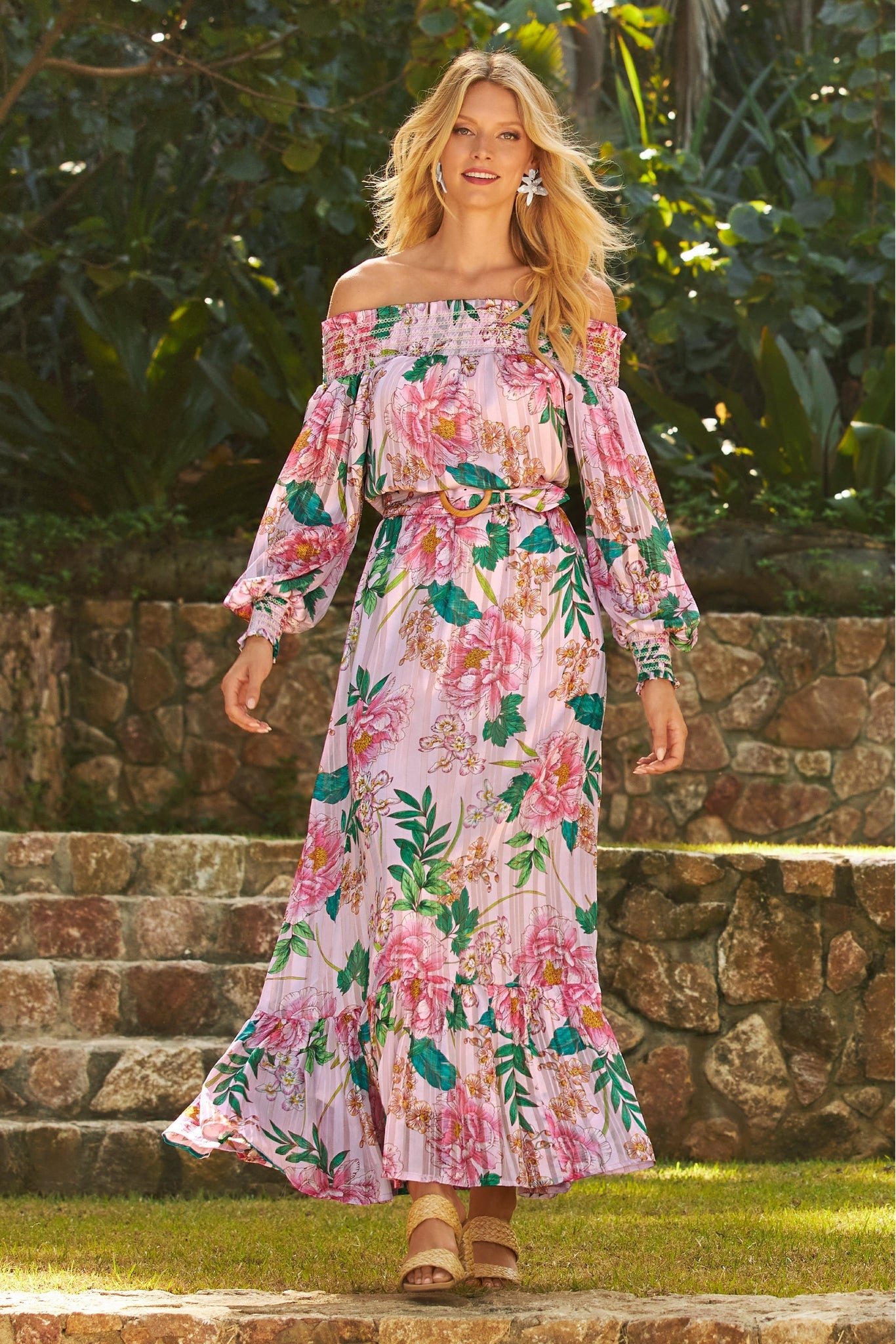 Floral Blooms OTS Belted Maxi Dress Pink Multi
