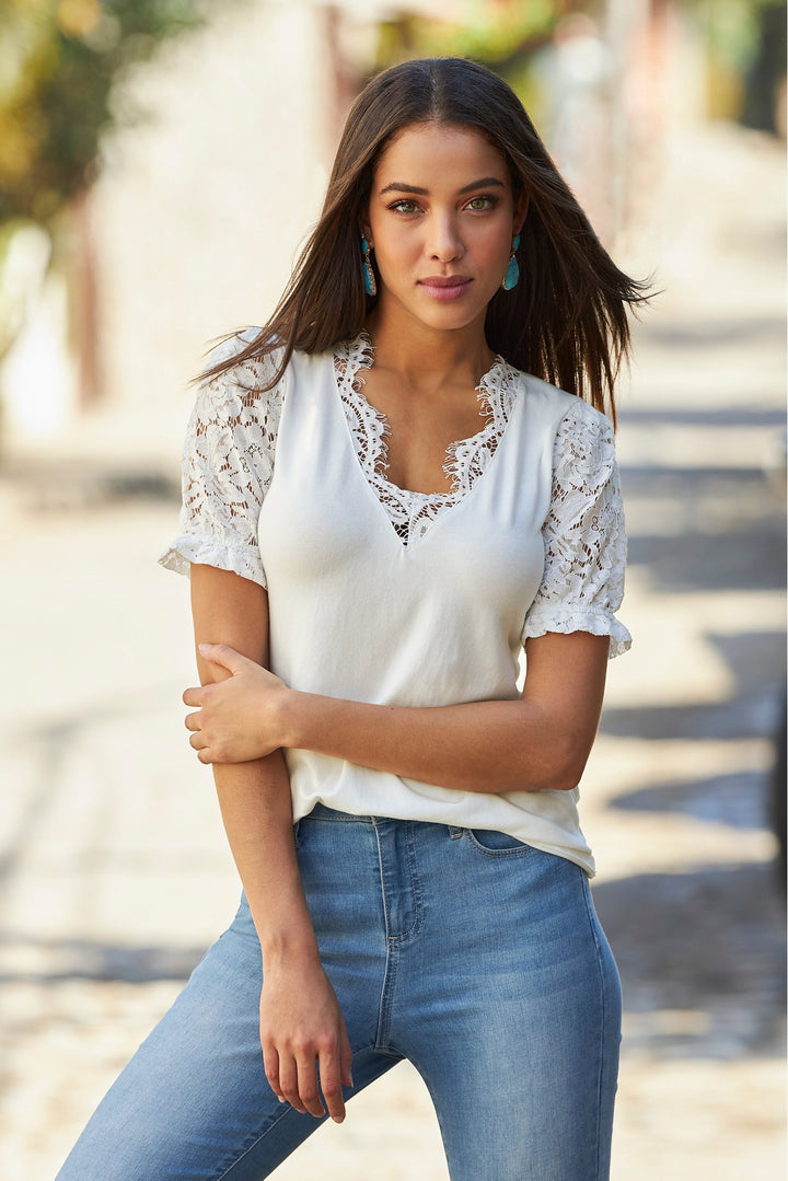 Lace Puff Sleeve V Neck Tee White