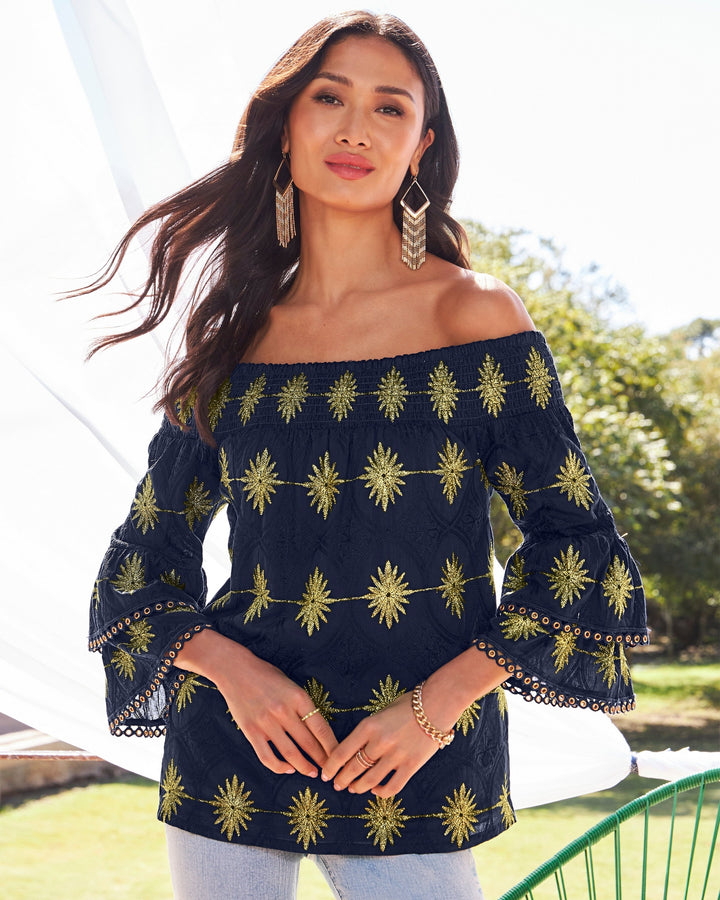 Metallic Off-The-Shoulder Tiered-Sleeve Blouse Navy/Gold