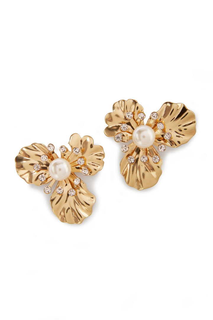 Pearl Flower Stud Statement Earring Gold