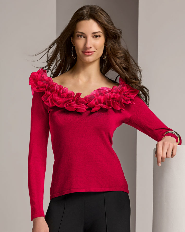 Organza Ruffle V Neck Sweater Jester Red