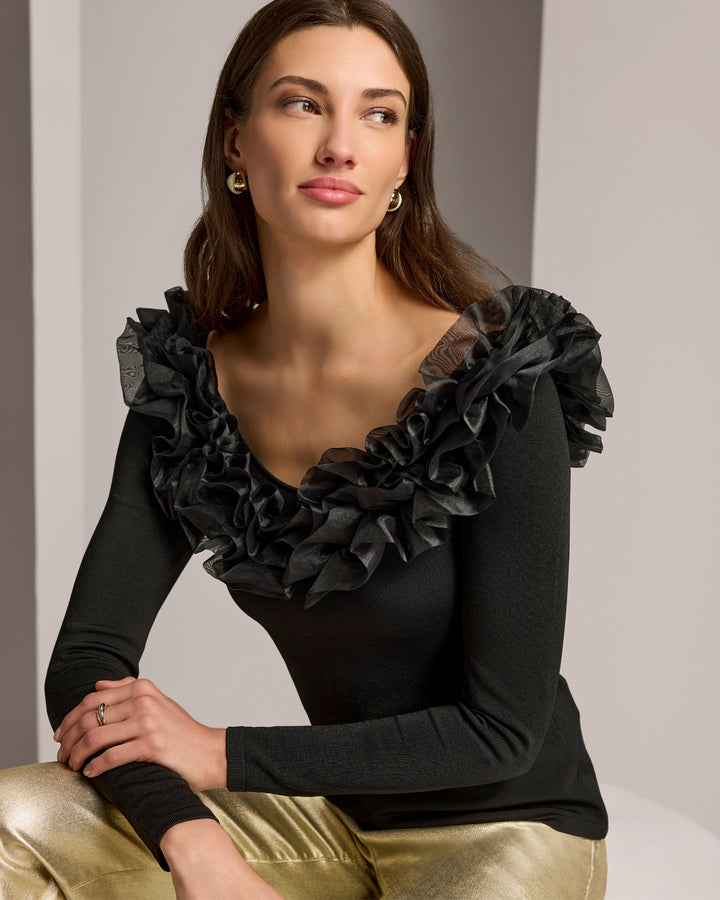 Organza Ruffle V Neck Sweater Black