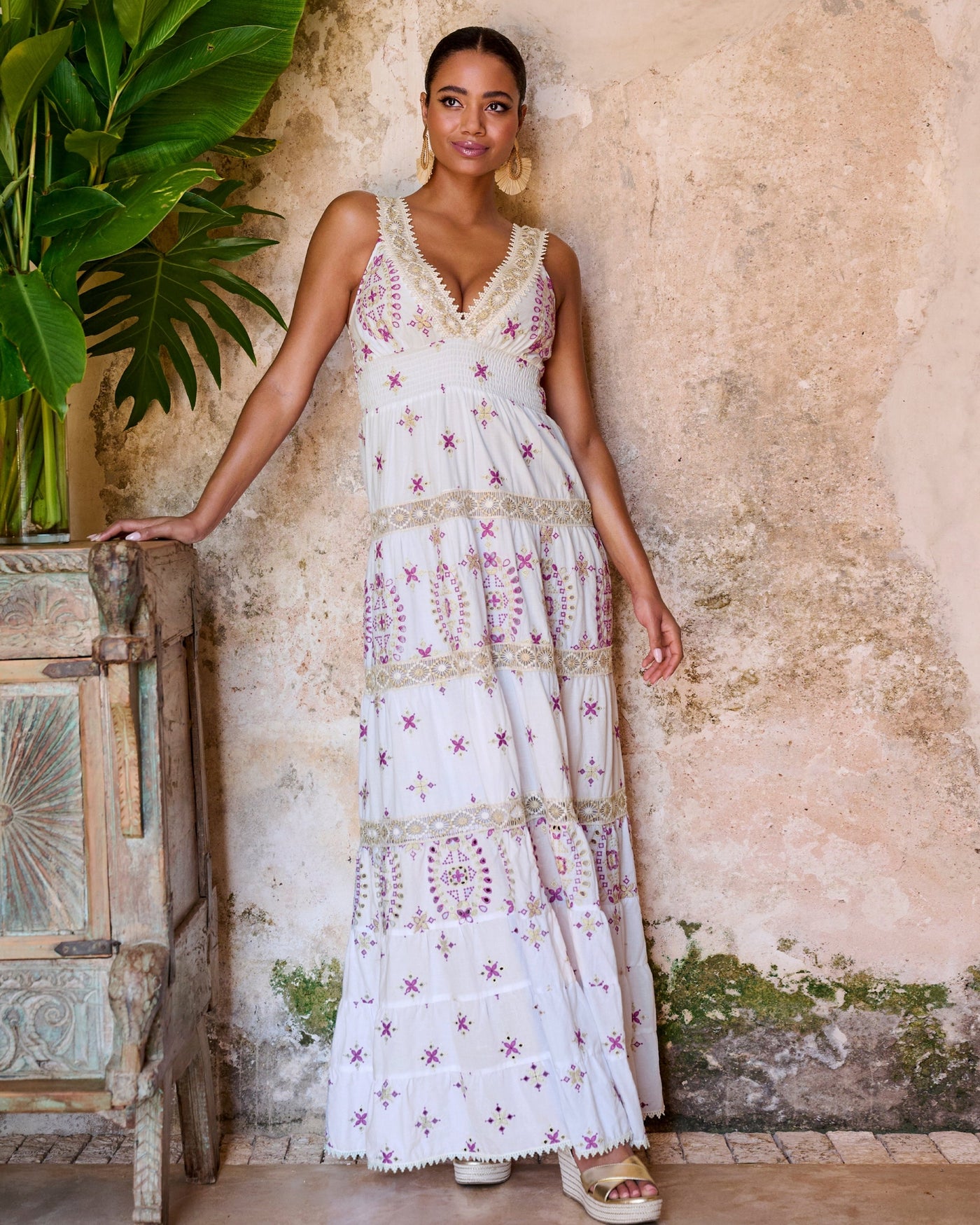 Metallic Lace-Inset Eyelet Maxi Dress White/Purple Multi
