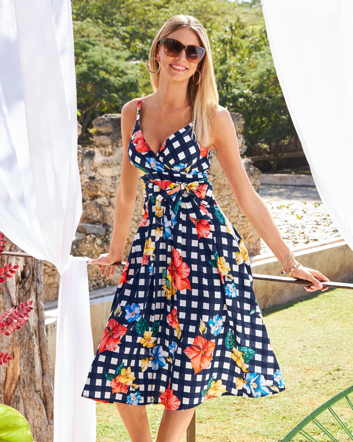 Floral Gingham Print Dress Navy Multi