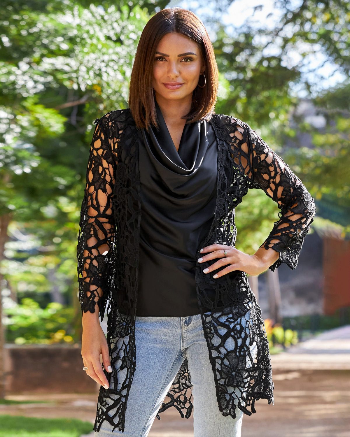 Lace Hip Length Duster Black