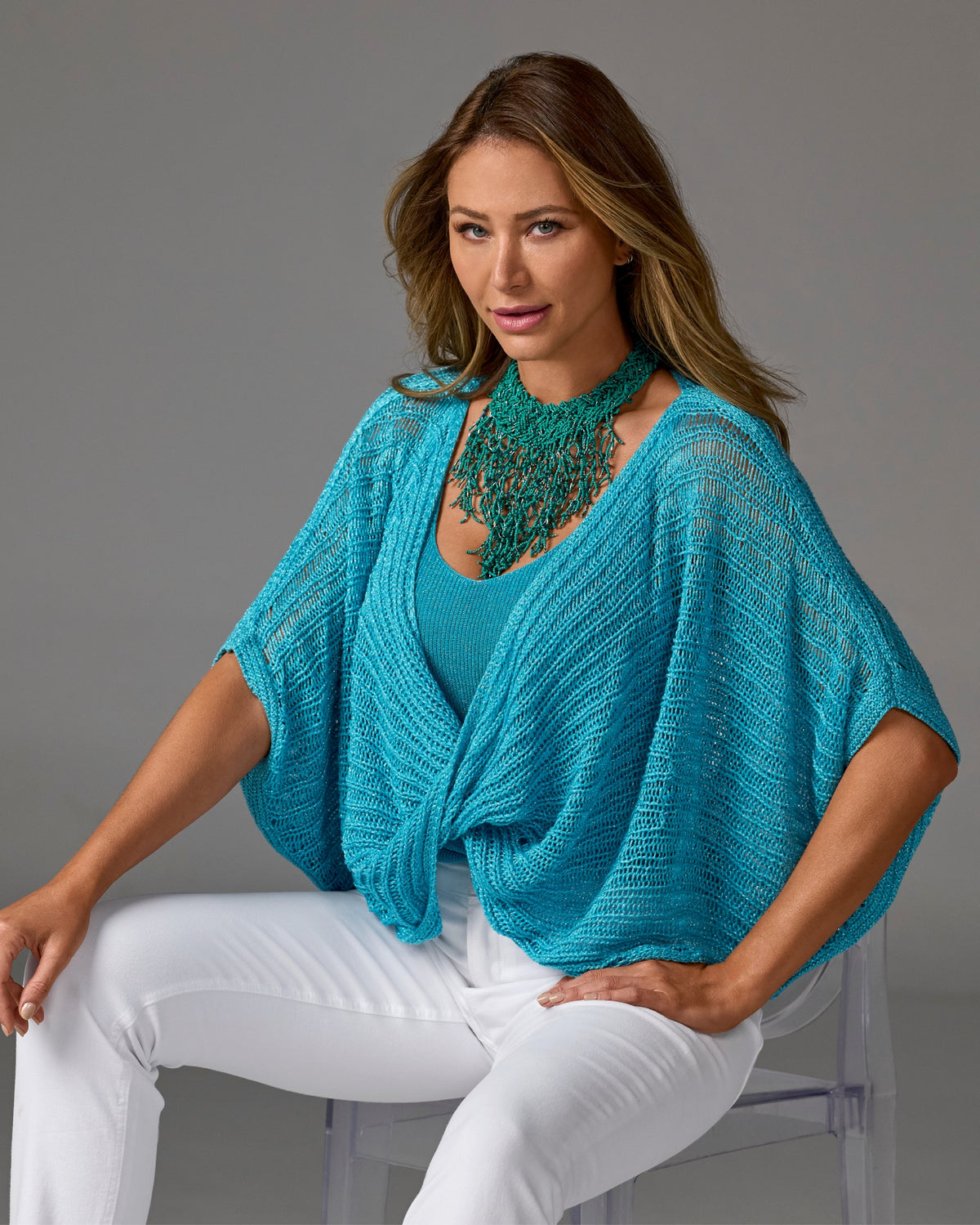 Metallic Twist Sweater Poncho Bachelor Button
