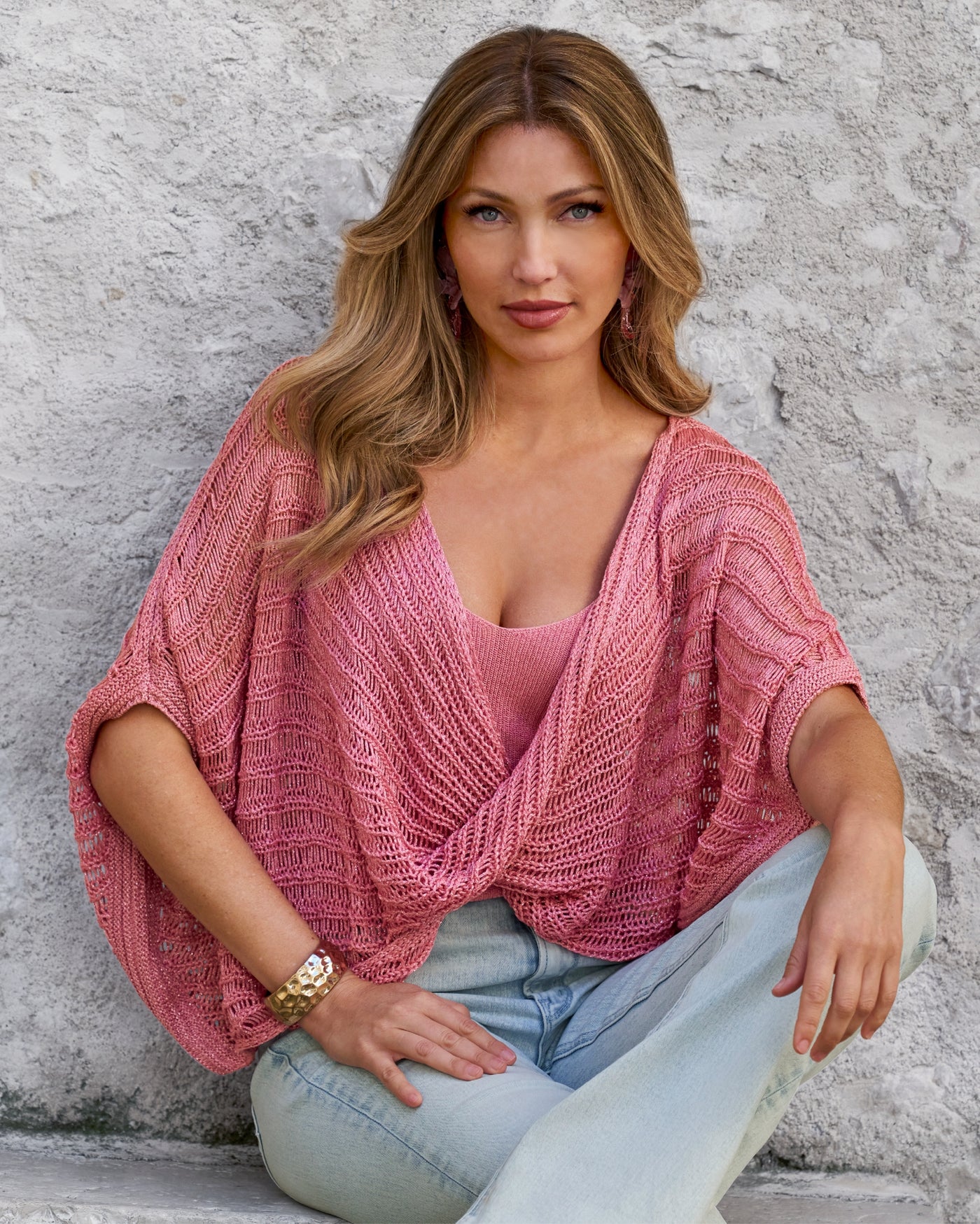 Metallic Twist Sweater Poncho Sachet Pink