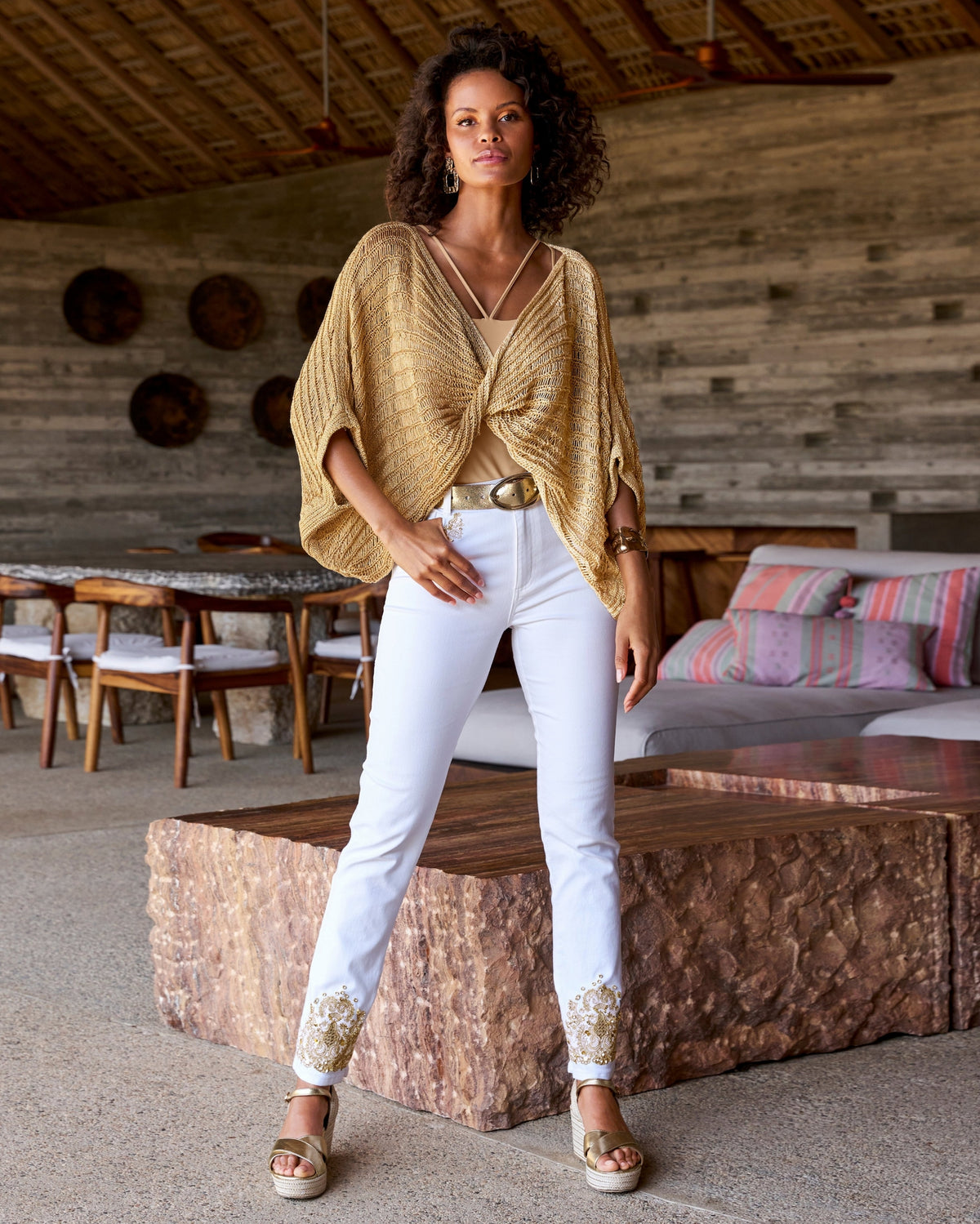 White and Gold Embellished Slim-Straight Jean White/Gold