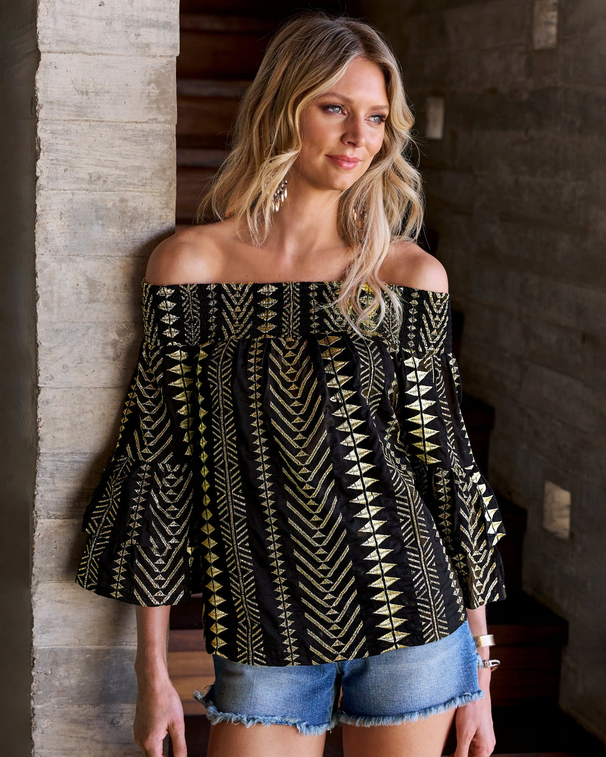 Gold Metallic Patterned Off the Shoulder Tiered Sleeve Blouse Black/Gold