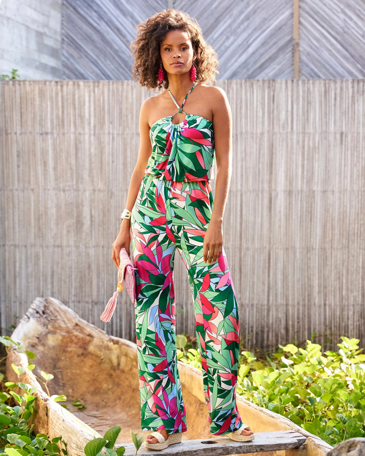 Palm Print Ring Detail Knit Blouson Jumpsuit Multi
