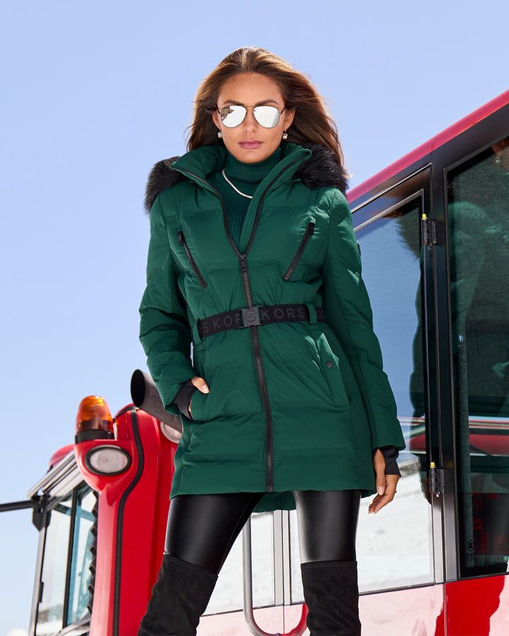 Faux Fur Trim Shaped Belted Puffer Jacket Emerald