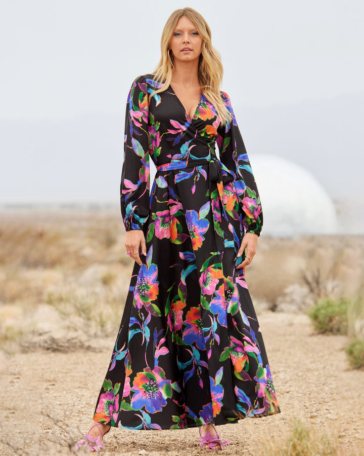 Exploded Garden Print Charmeuse Wrap Maxi Dress Black multi