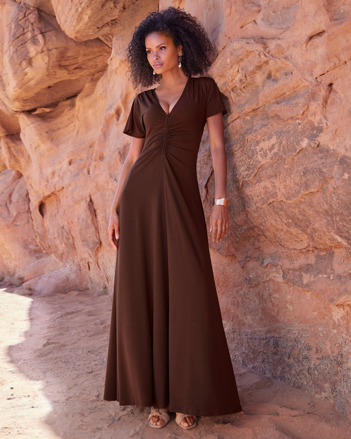 Ruched Detail V Neck Knit Maxi Dress Bitter Chocolate
