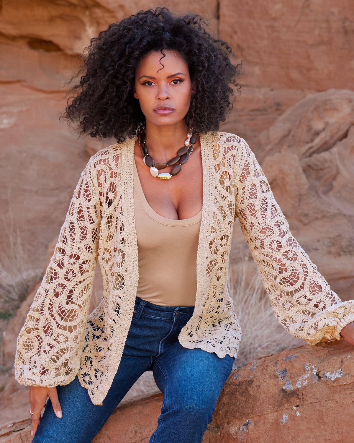 Transitional Balloon Sleeve Crochet Hip Length Duster Tan