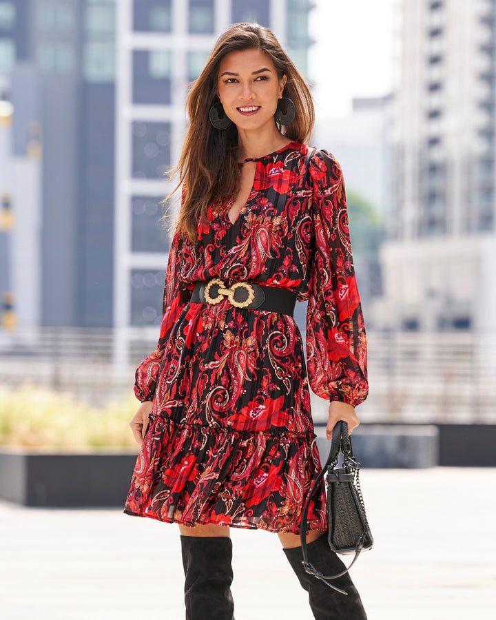 Paisley Garden Mix Print Keyhole Fit and Flare Dress Red/Black