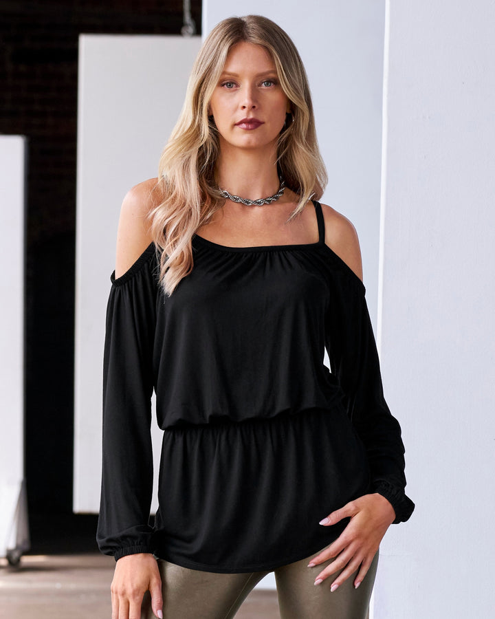 Cold Shoulder Knit Blouson Tunic Black