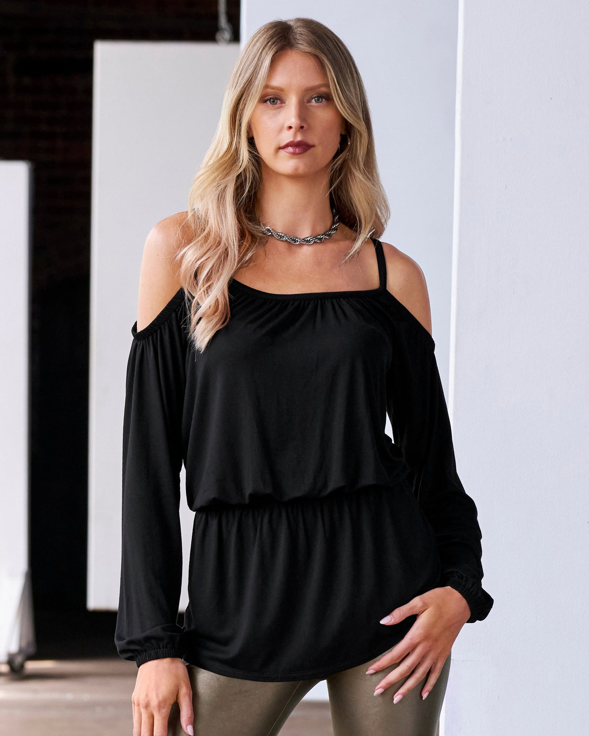 Cold Shoulder Knit Blouson Tunic Black