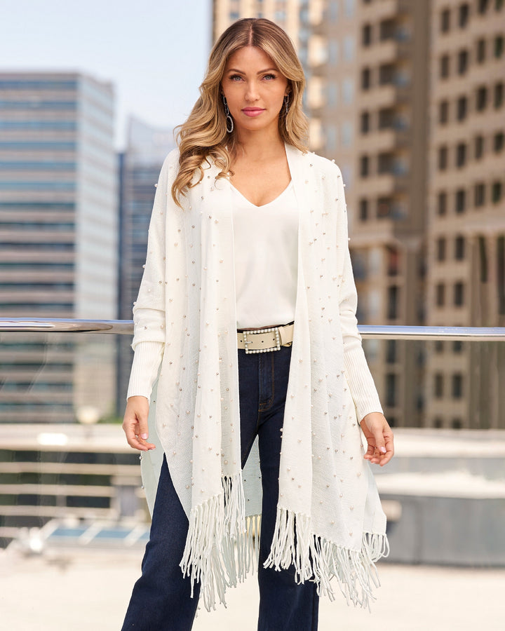 Pearl Embellished Poncho Off White