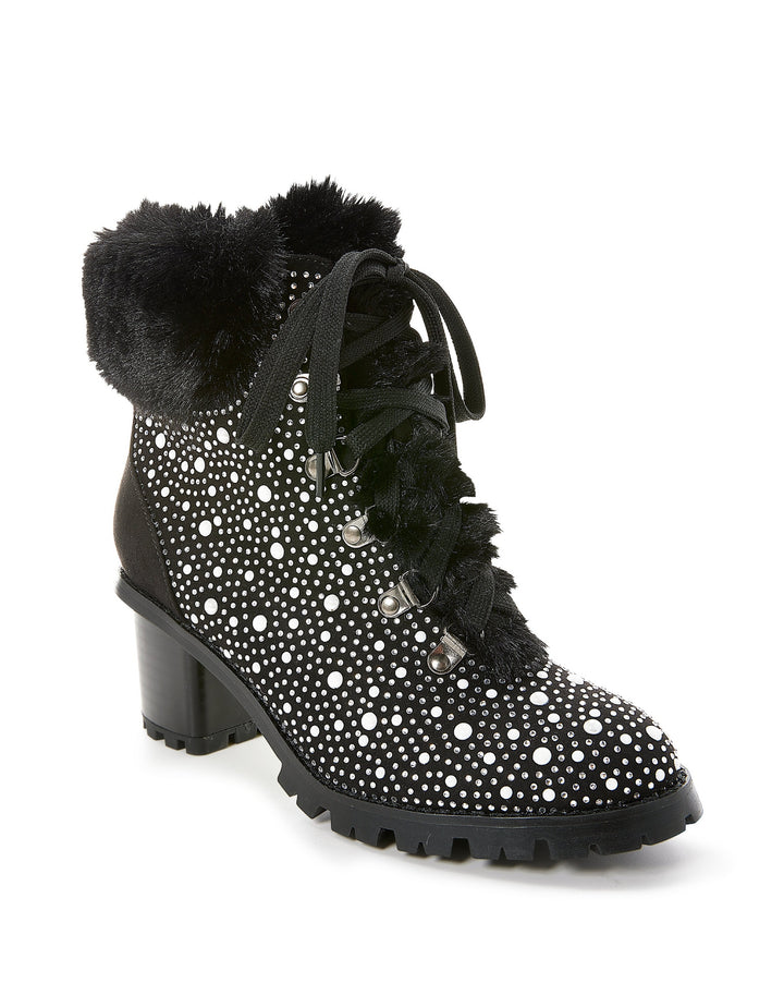 Pearl and Rhinestone Fur Heeled Bootie Black