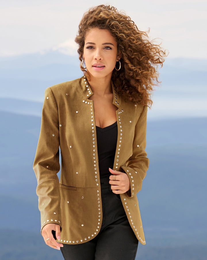 Faux Suede Studded Utility Jacket Cognac