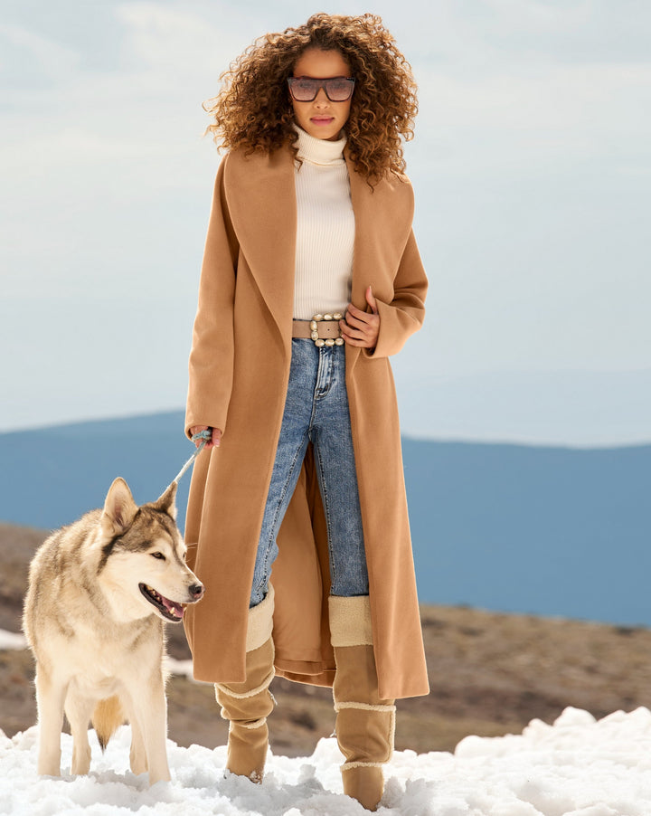 Shawl Collar Tie Waist Coat Camel