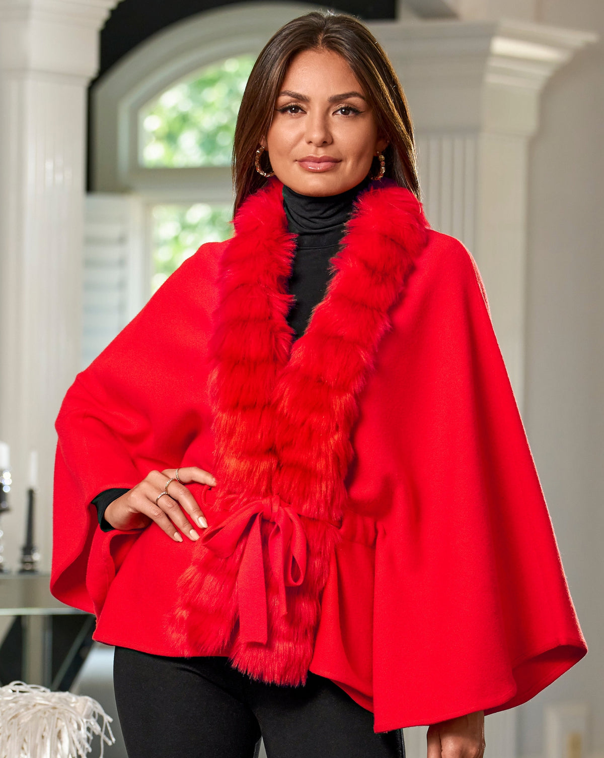 Faux Fur Tie Waist Poncho Racing Red