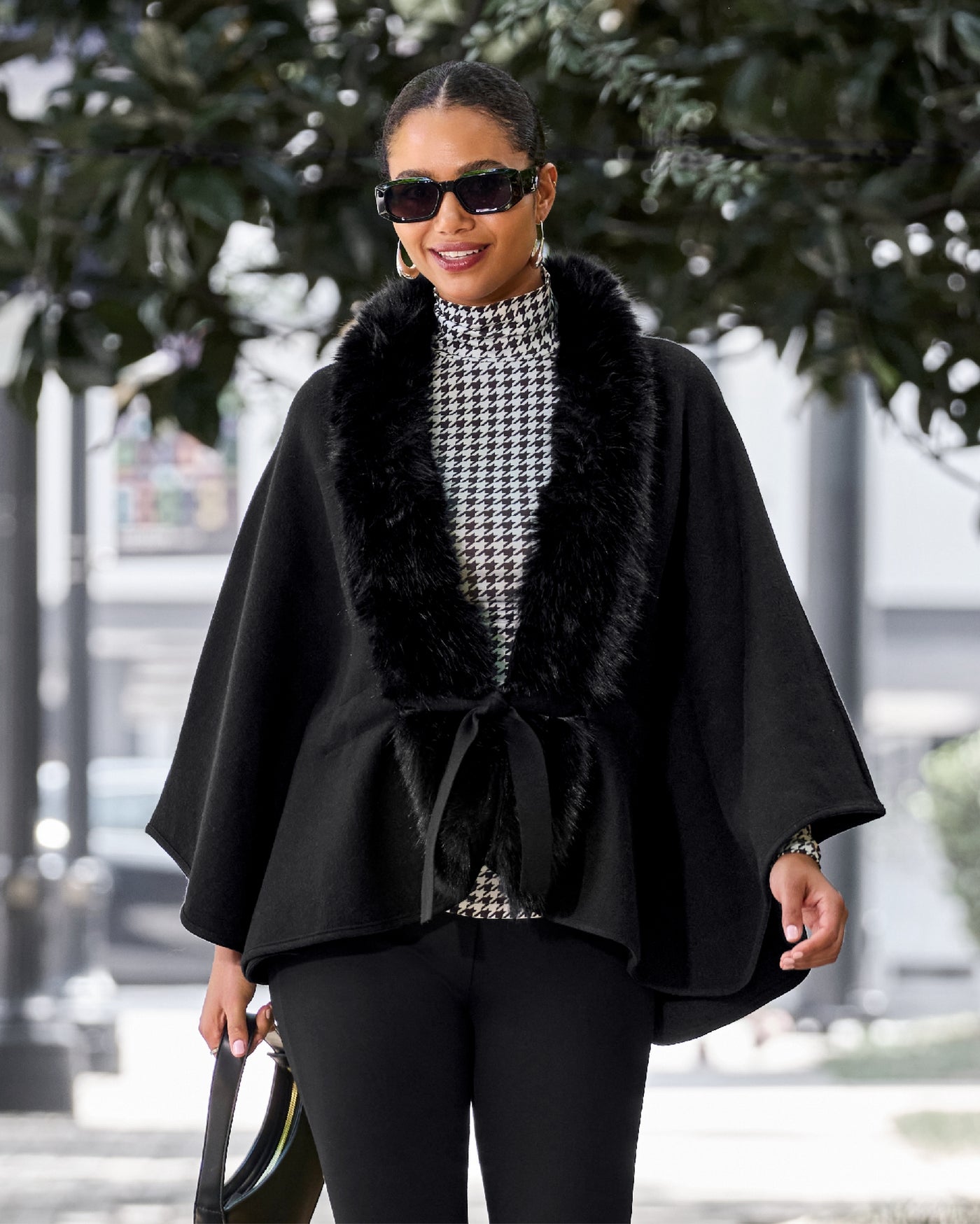 Faux Fur Tie Waist Poncho Black