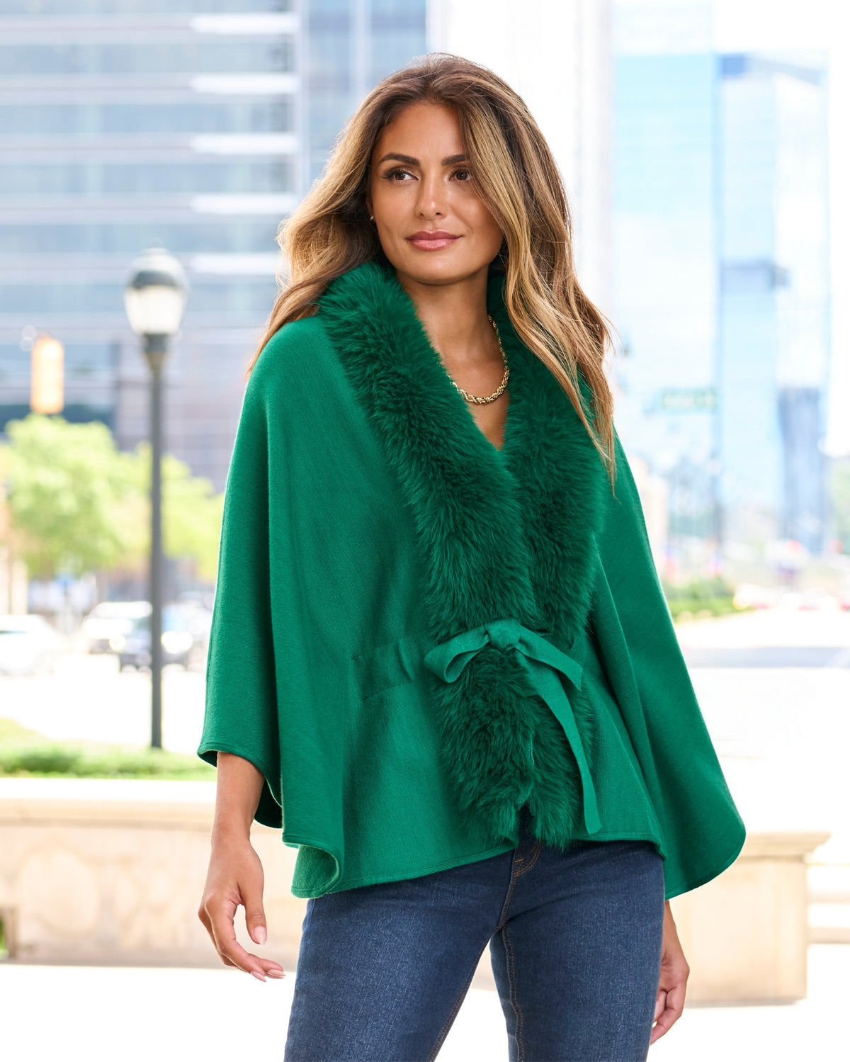 Faux Fur Tie Waist Poncho Ultramarine Green